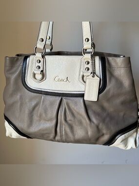 Coach Ashley spectator, leather carry all satchel, gray and cream  EUC